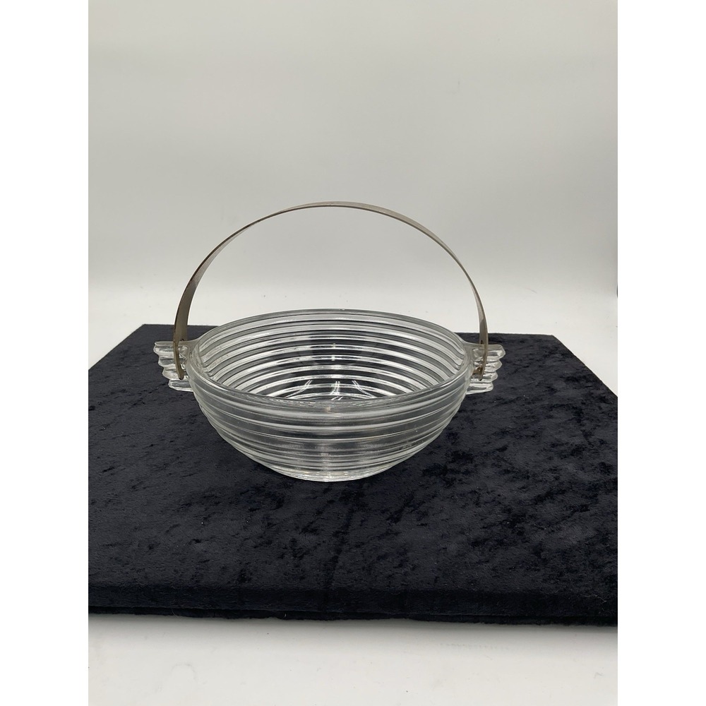 Vintage Anchor  Hocking Manh Clear Serving Bowl with Removable Metal Handle